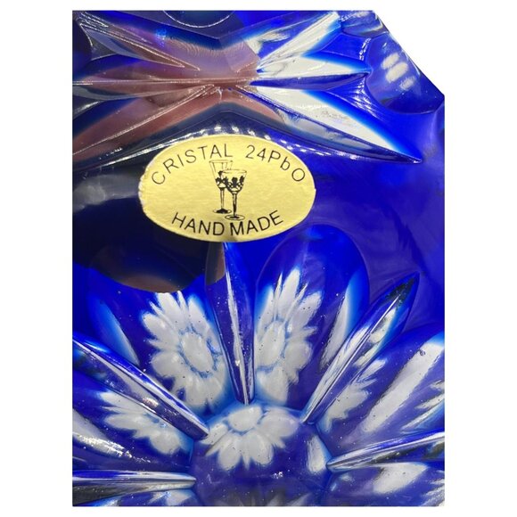 Vintage Cristal 24% Pbo Handmade Cobalt Blue Glass Basket Heavy Lead Crystal - Picture 7 of 14